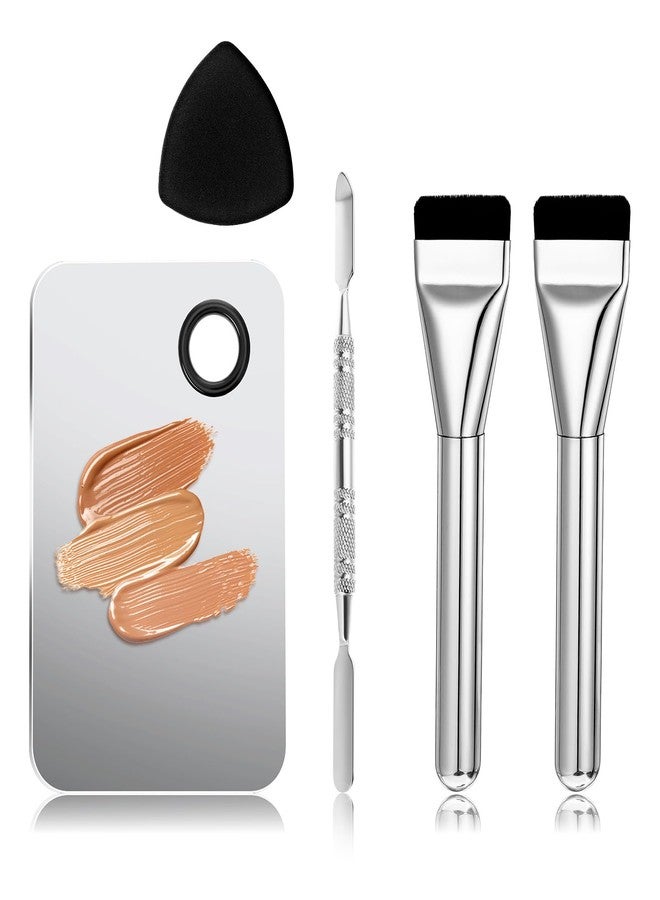 DOPENSPI Makeup Mixing Palette with 2PCS Flat Foundation Brush and Spatula and Powder Puff, Stainless Steel Makeup Palette Tray Cosmetic Palettes with Spatula Tool for Liquid Powder Cream - Image 1